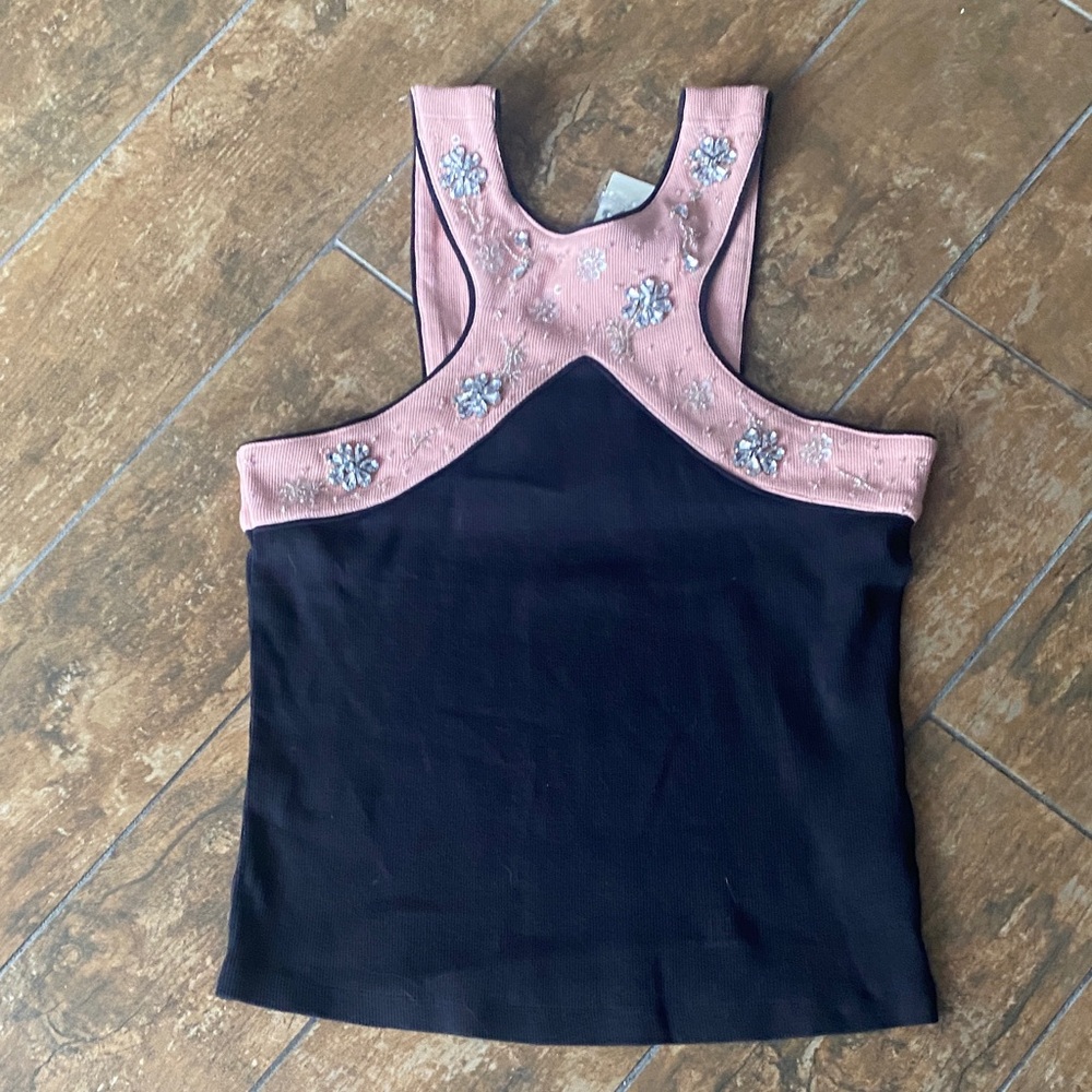 Anthropologie Pink and Black Embellished Tank Top. Maeve brand. Size medium.NWT.